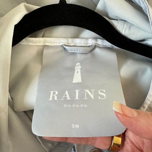 Rains Unisex Pale Blue Front Snap Midline Drawstring Hooded Rain Jacket S / M - Picture 11 of 16